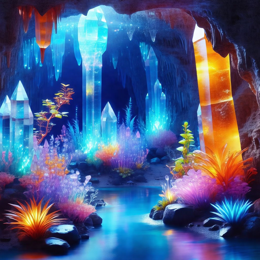 Colorful and vibrant digital painting of a cave with a ri...