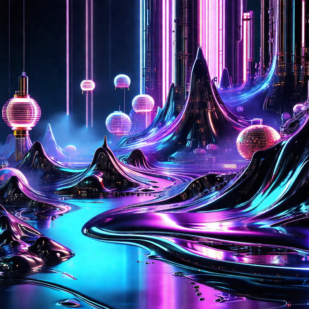 Futuristic, colorful, and surreal landscape featuring a l...