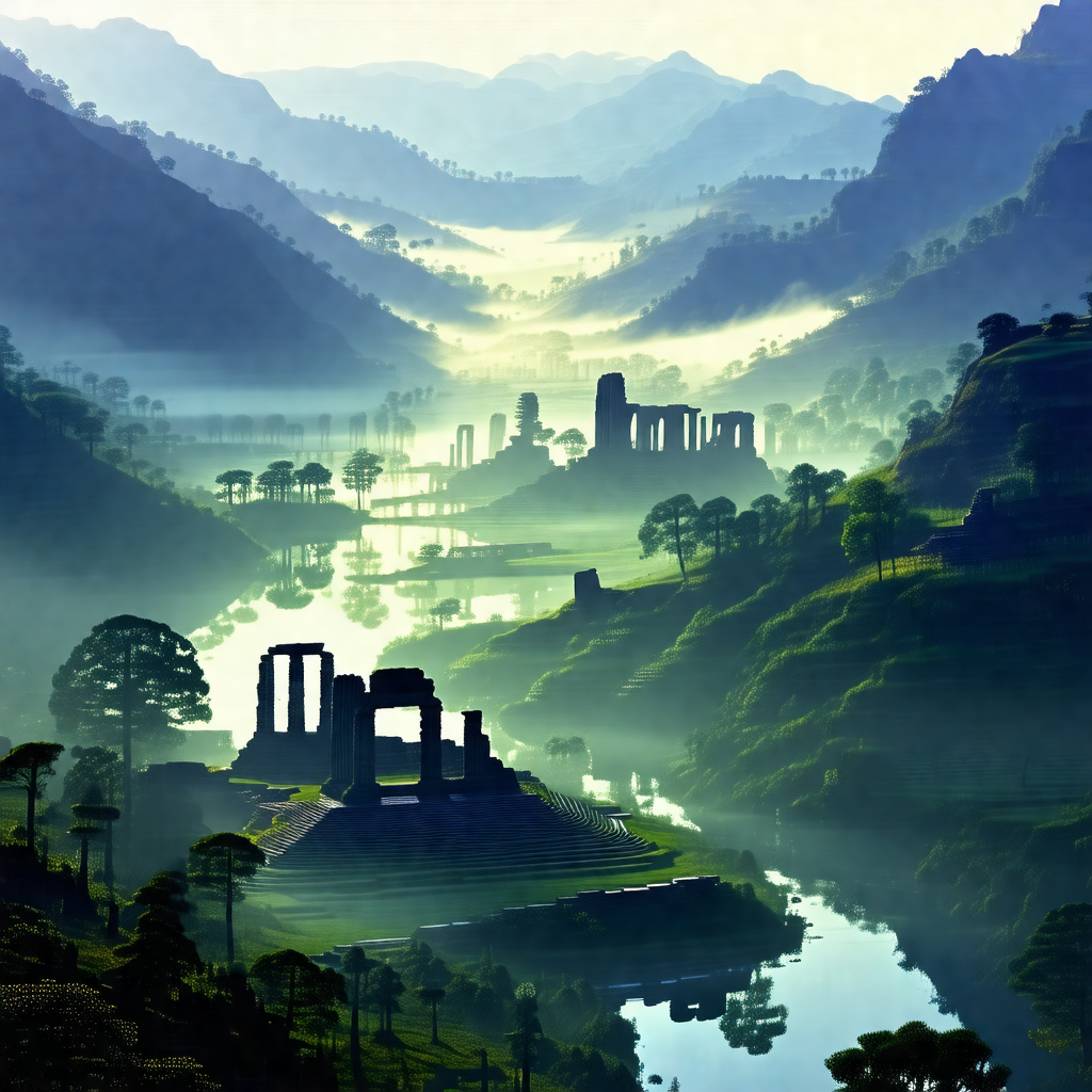 Painting of a mountainous landscape with a large body of ...