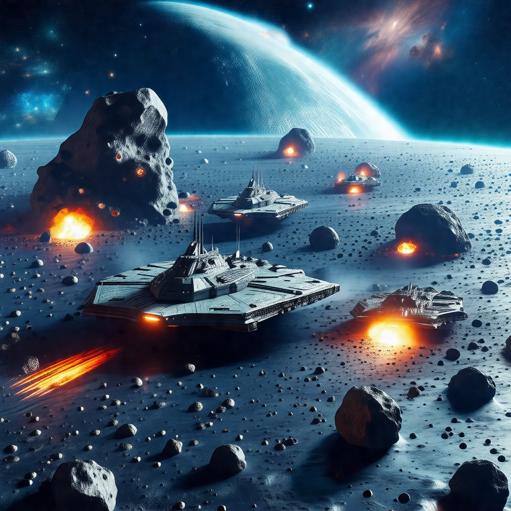 Futuristic scene with a group of spaceships flying throug...