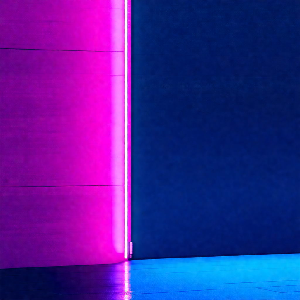 Large, open door with a pink and blue light illuminating it