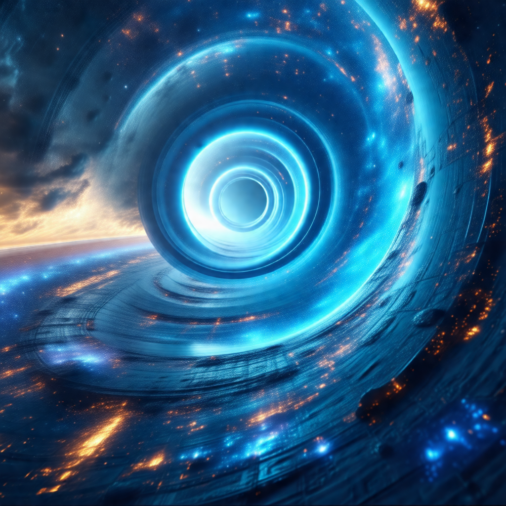 Futuristic space scene with a blue, swirling tunnel that ...