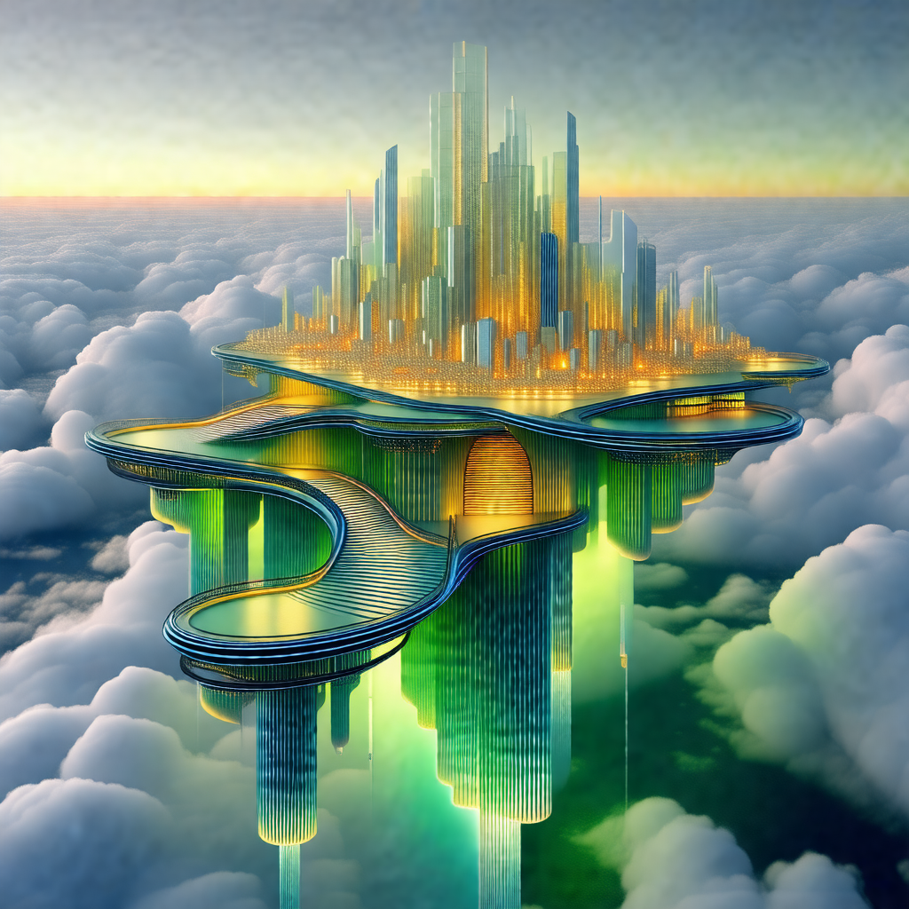 Futuristic cityscape with a large, curved building that r...