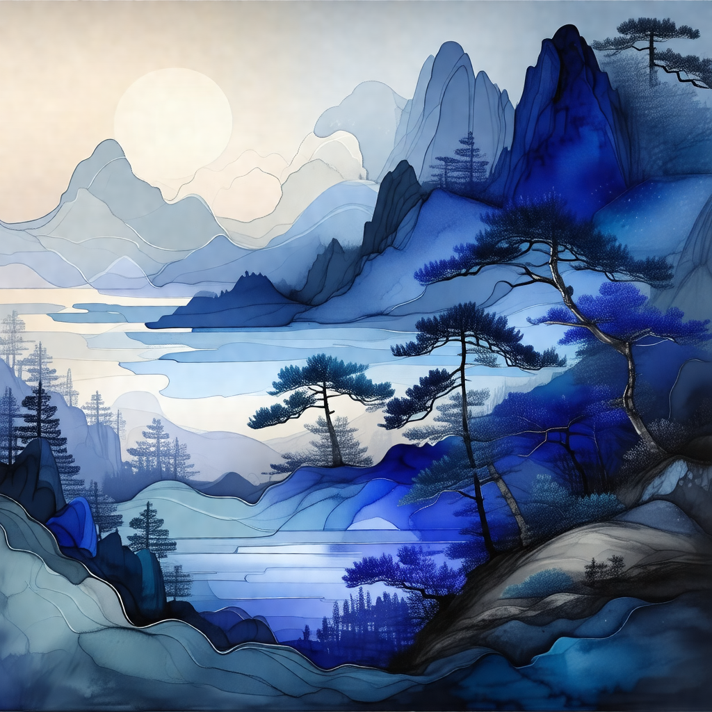 Painting of a mountainous landscape with a body of water,...