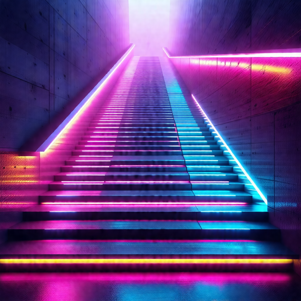 Staircase with a rainbow-colored light illuminating it