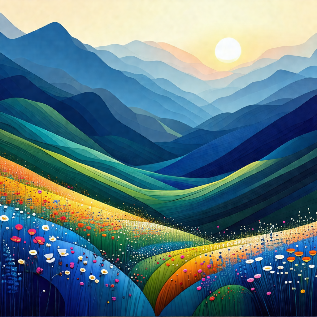Painting of a beautiful mountain landscape with a sunset ...