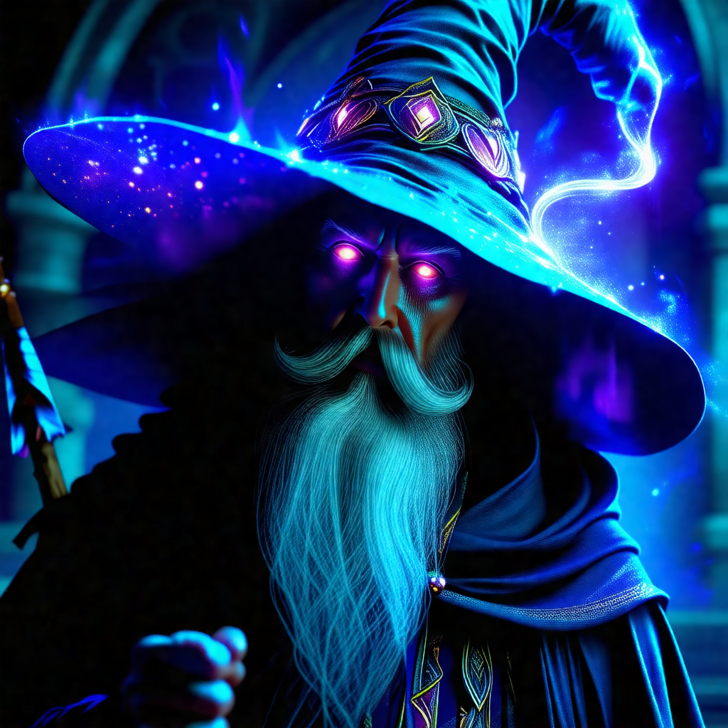 Wizard with a long beard and a blue hat, standing in fron...