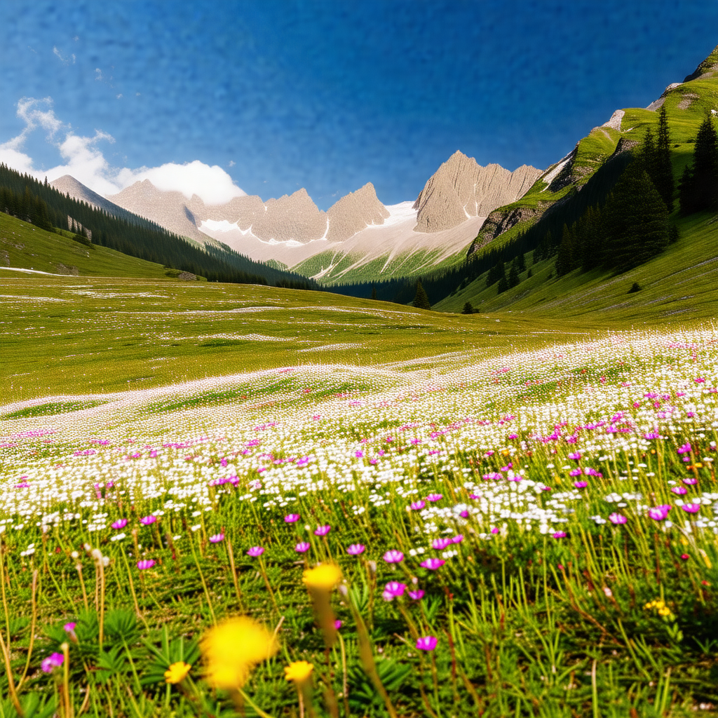 Beautiful, lush green field with a mountain range in the ...