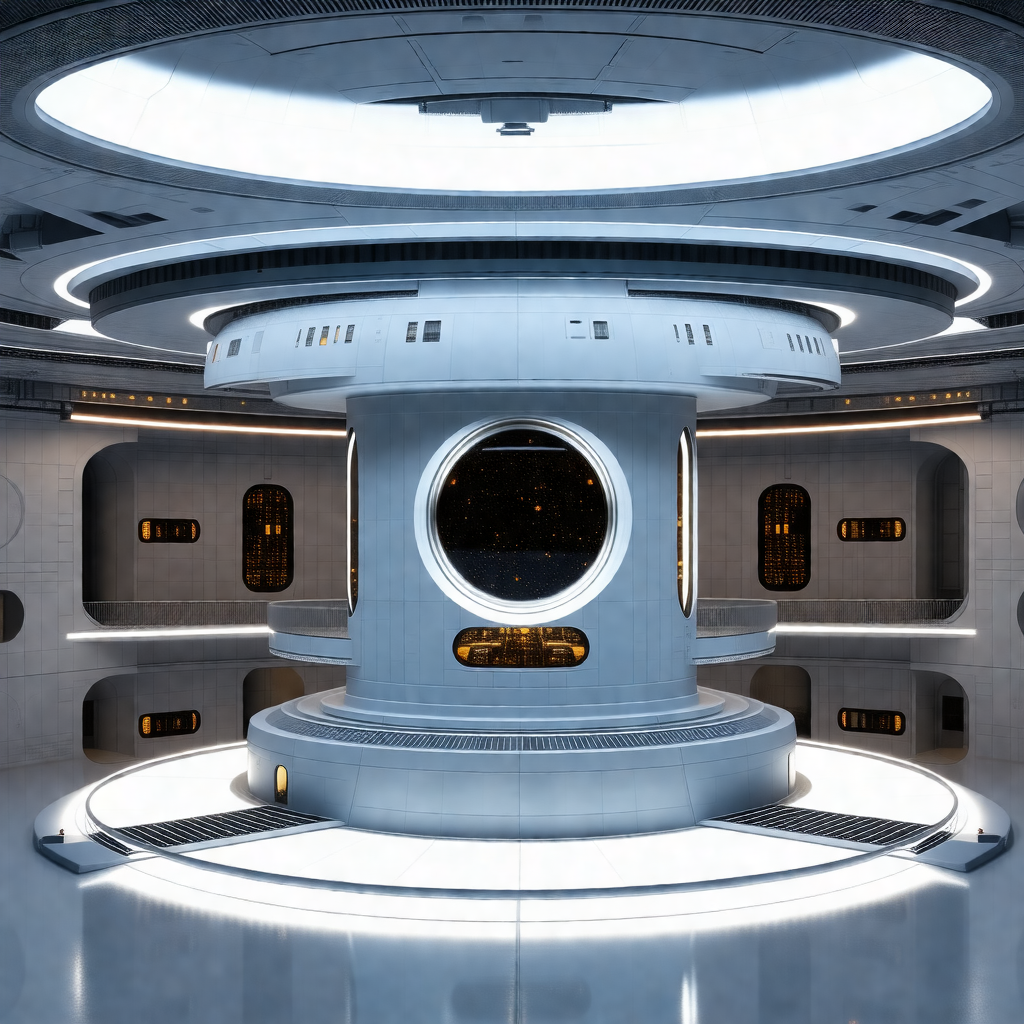 Futuristic space station with a large, round, glass-walle...