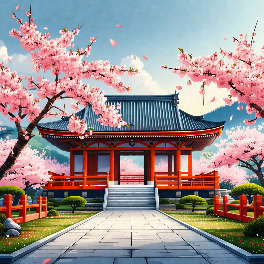 Painting of a japanese temple with a red roof