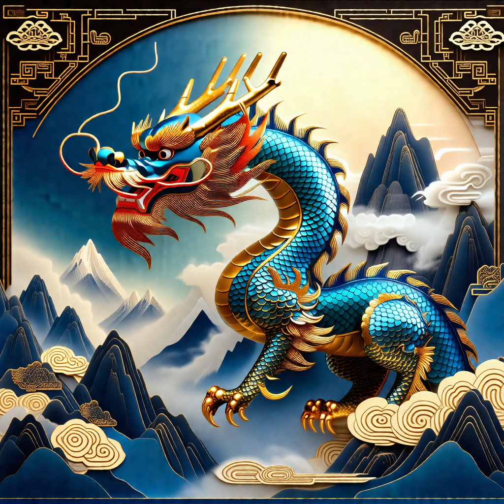 Large, colorful dragon with a long, curled tail