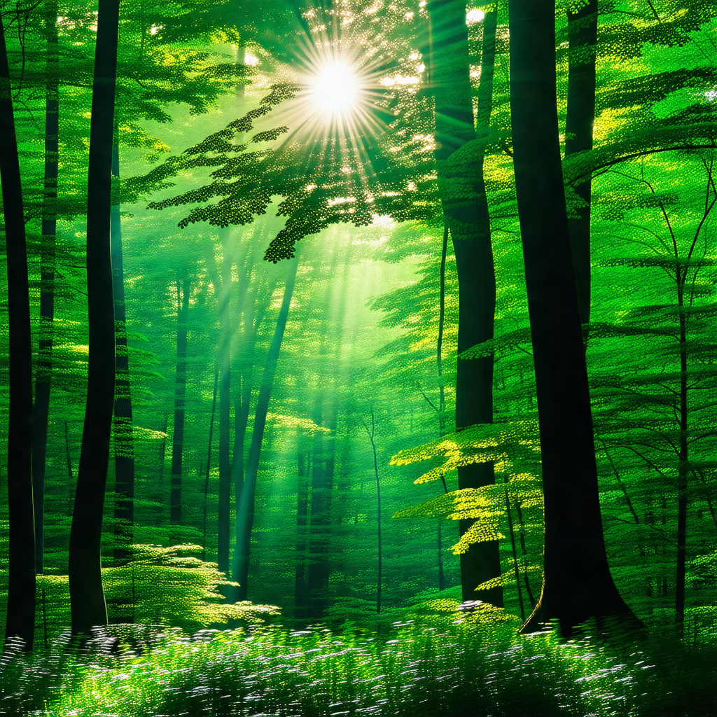 Serene forest scene with a bright sun shining through the...