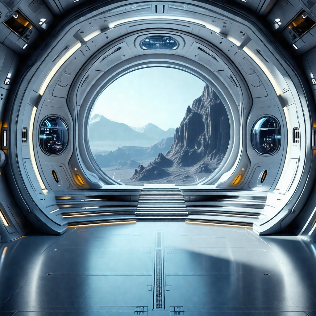 Futuristic space station with a large, round window that ...