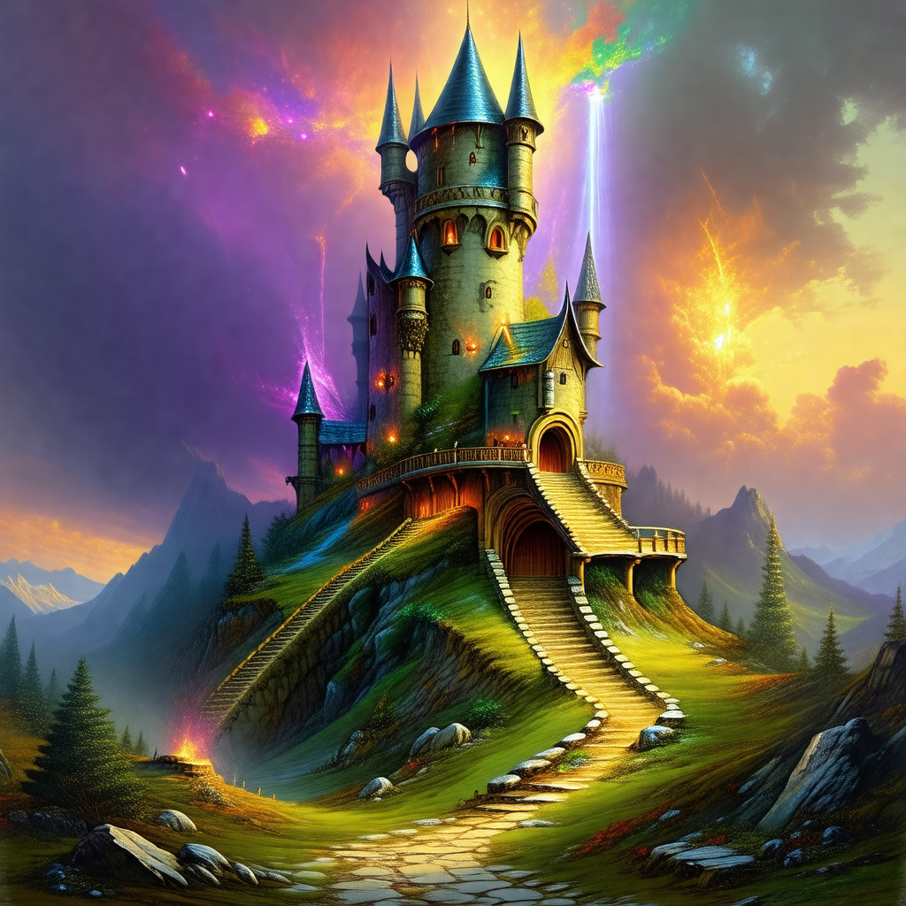 Large, colorful castle with a tall tower and a green roof