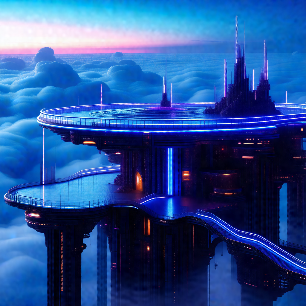 Futuristic city with a large, blue, circular building at ...