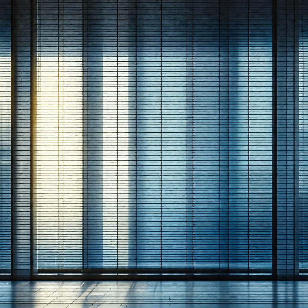 Large window with a blue tint, allowing sunlight to shine...