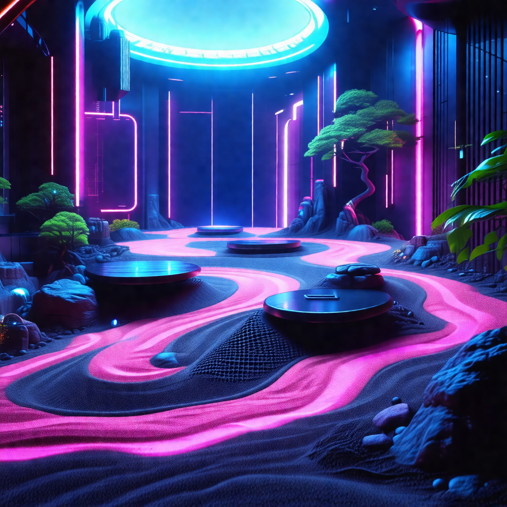 Futuristic, pink-lit room with a large, circular structur...
