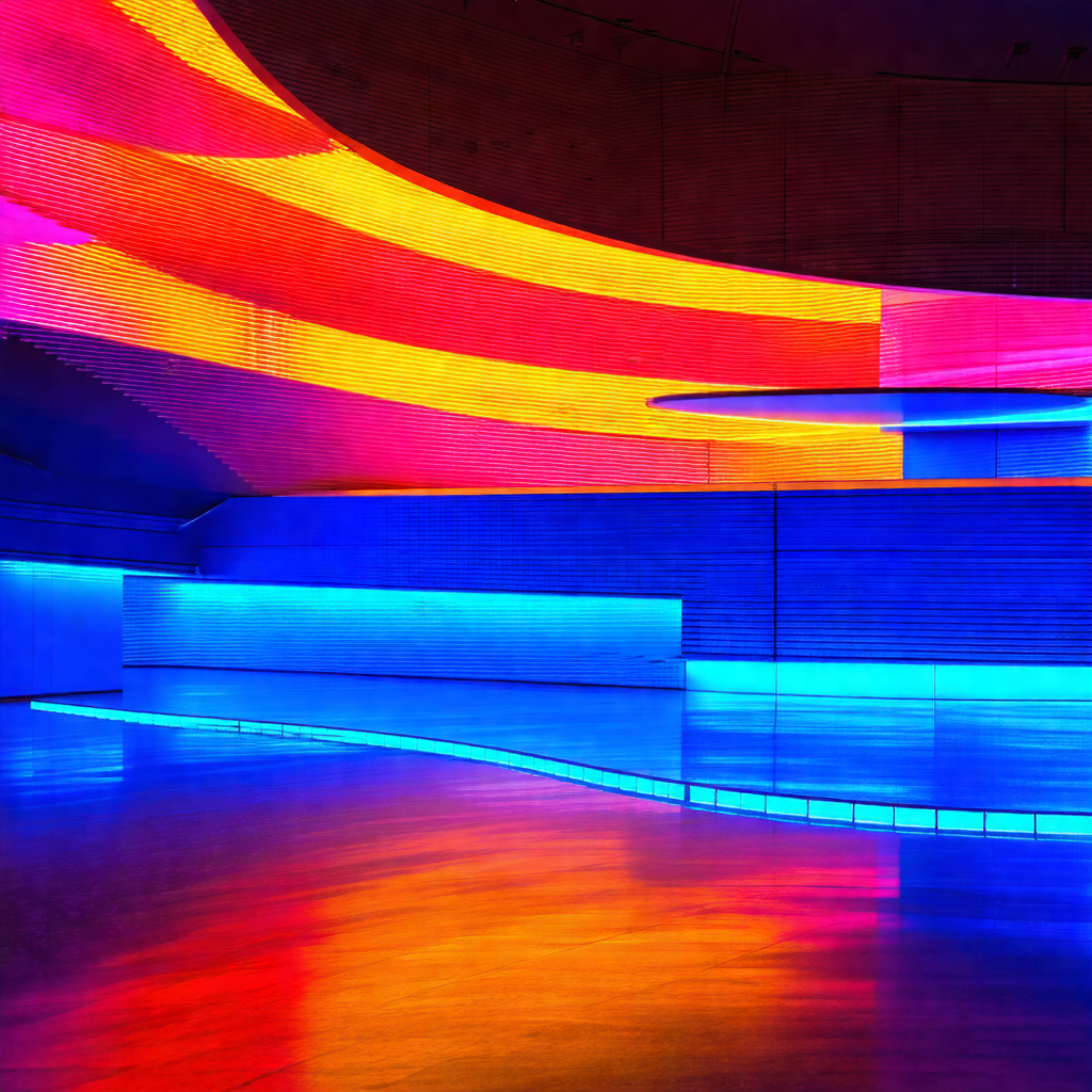 Large, colorful tunnel with a blue and yellow lighting sy...