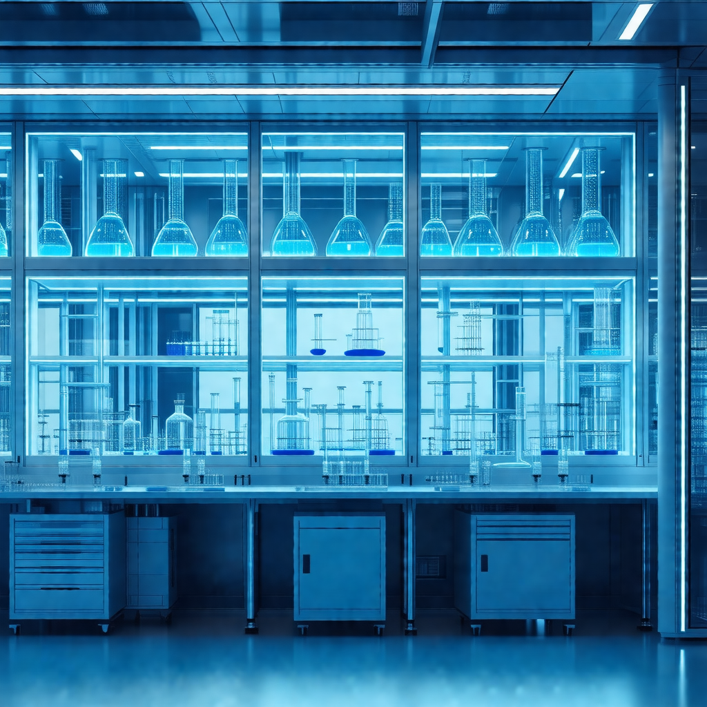 Large, well-lit laboratory with a long counter filled wit...