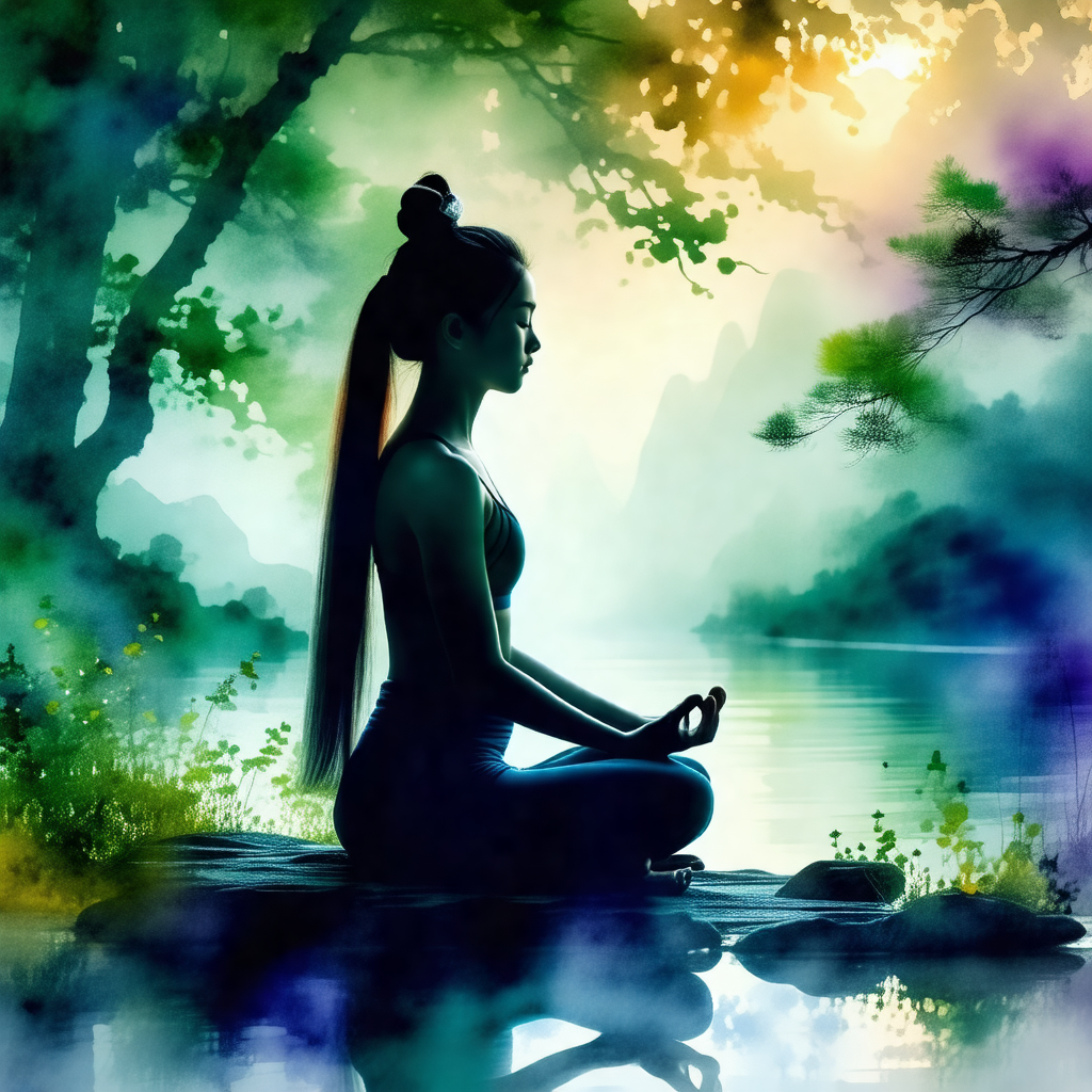 Woman sitting on a rock in a serene environment