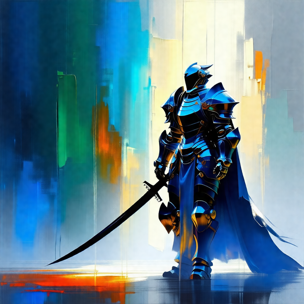 Knight in shining armor, standing in a room with a sword ...