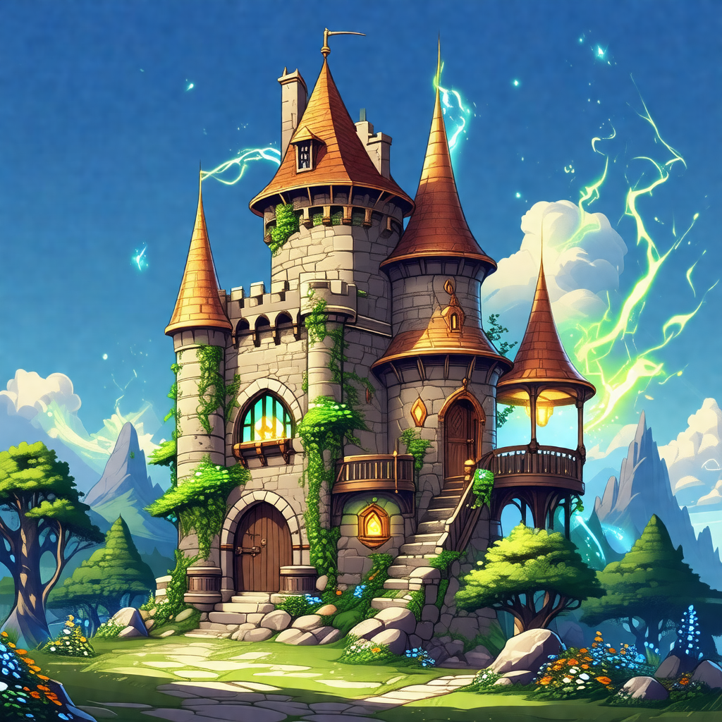 Large, colorful castle with a tall tower and a pointed roof