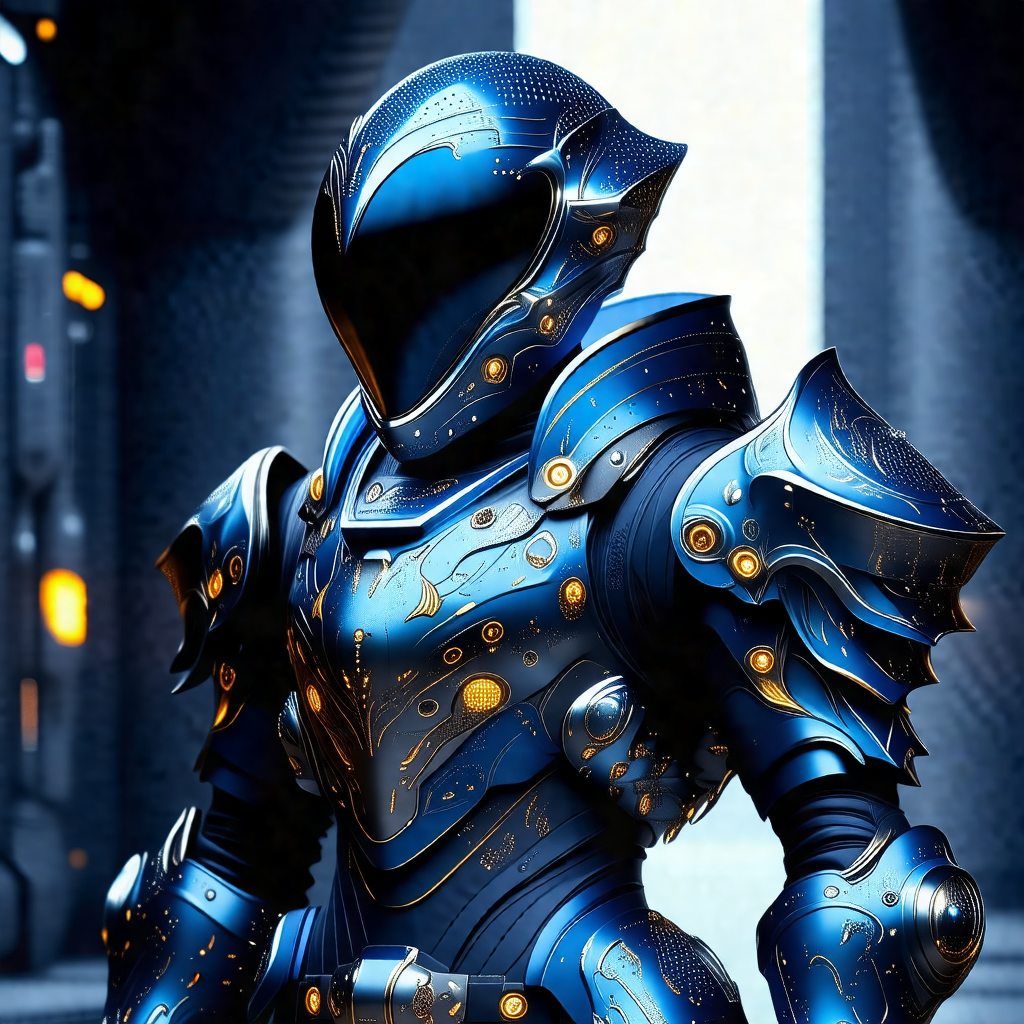 Futuristic robotic character with a blue and gold armor