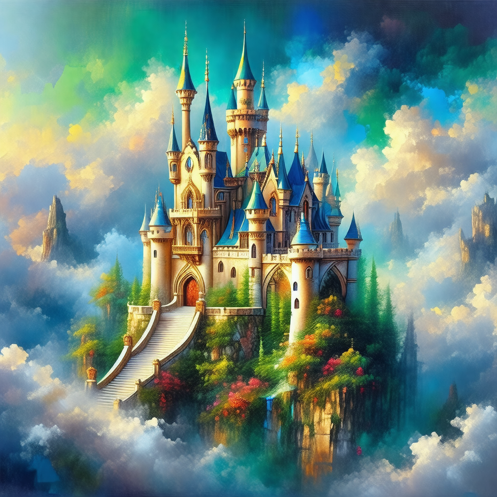 Painting of a majestic castle, surrounded by a lush green...