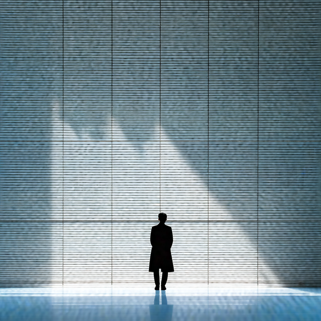 Man standing in a large, empty room with a white brick wall