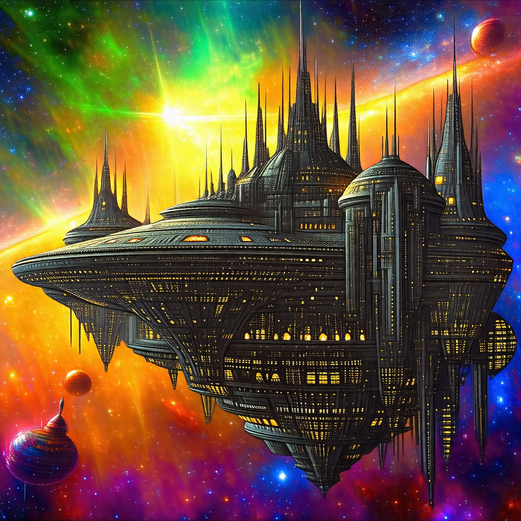 Futuristic space station with a large, round structure at...