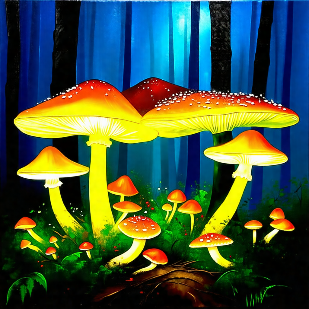Forest with a group of mushrooms growing on the ground