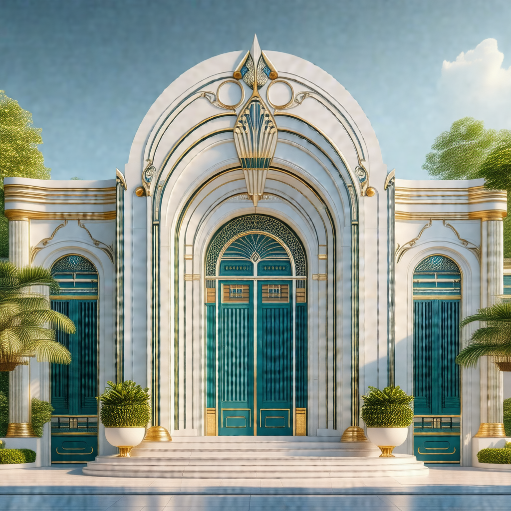Painting of a large, ornate building with a blue door