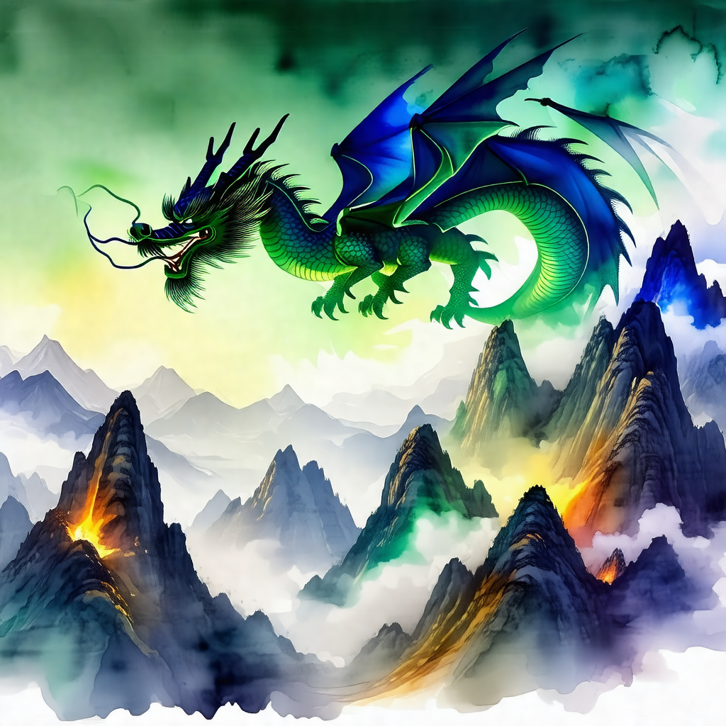 Large, colorful dragon flying through the sky