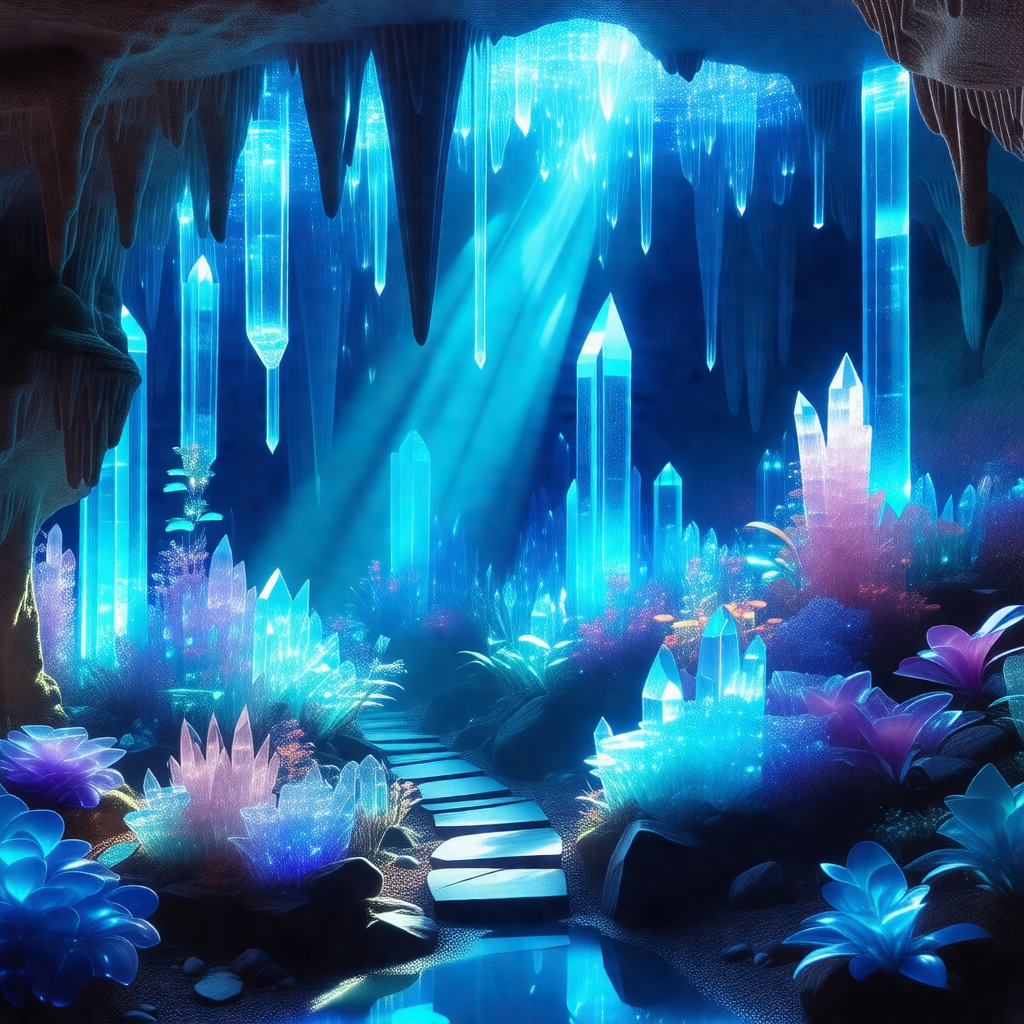 Colorful, computer-generated scene of a cave with a blue ...
