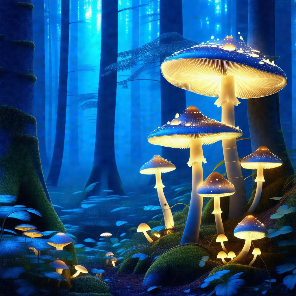 Forest with a group of mushrooms growing on the ground