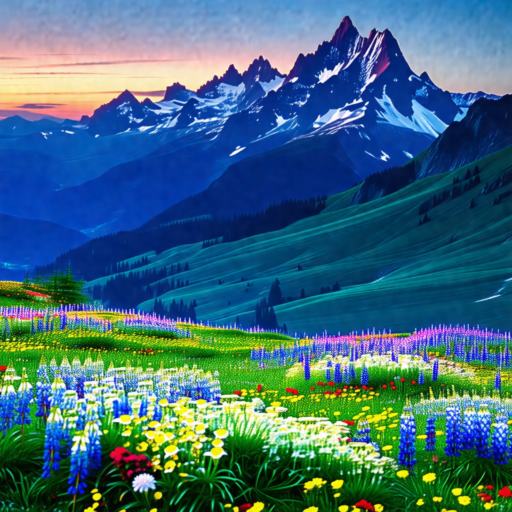 Beautiful mountain landscape with a lush green field and ...