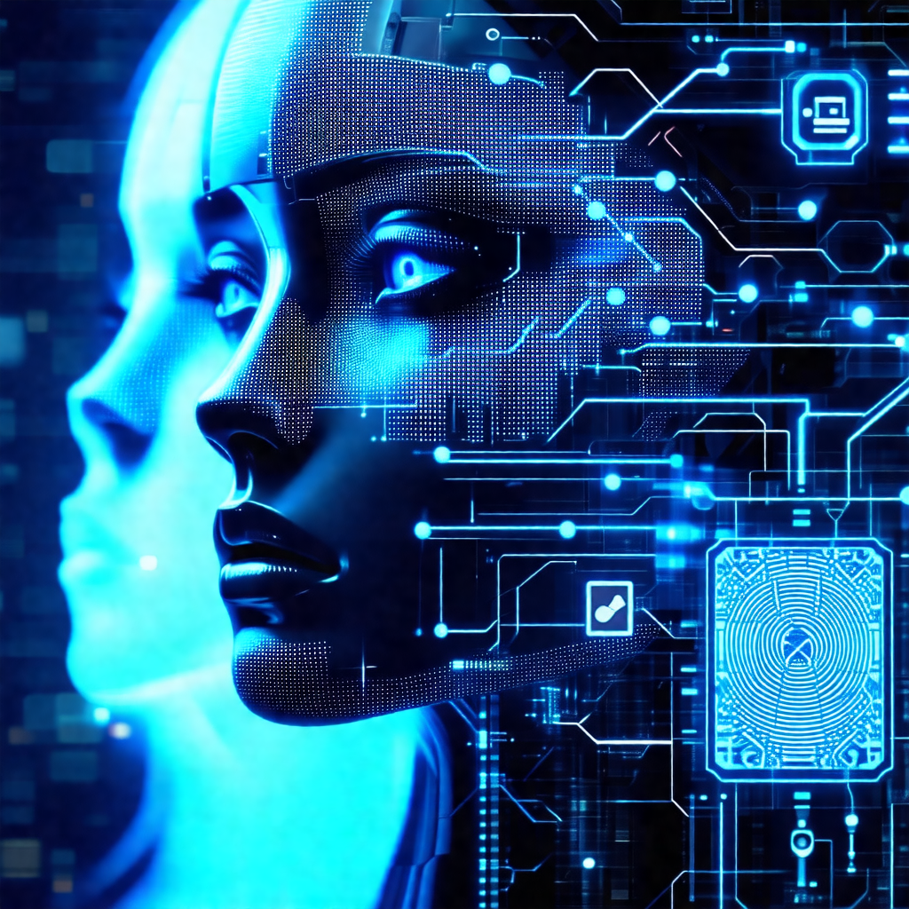 Close-up of a robot's face, with a blue background