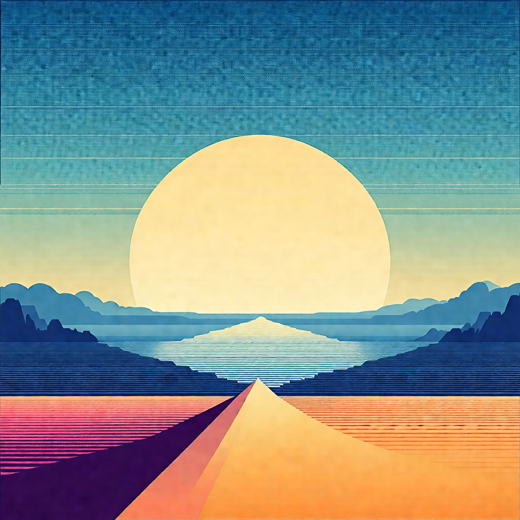 Beautiful sunset over a large body of water, with a mount...