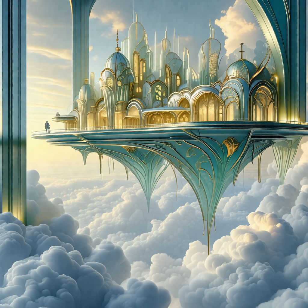 Painting of a fantasy city floating in the clouds