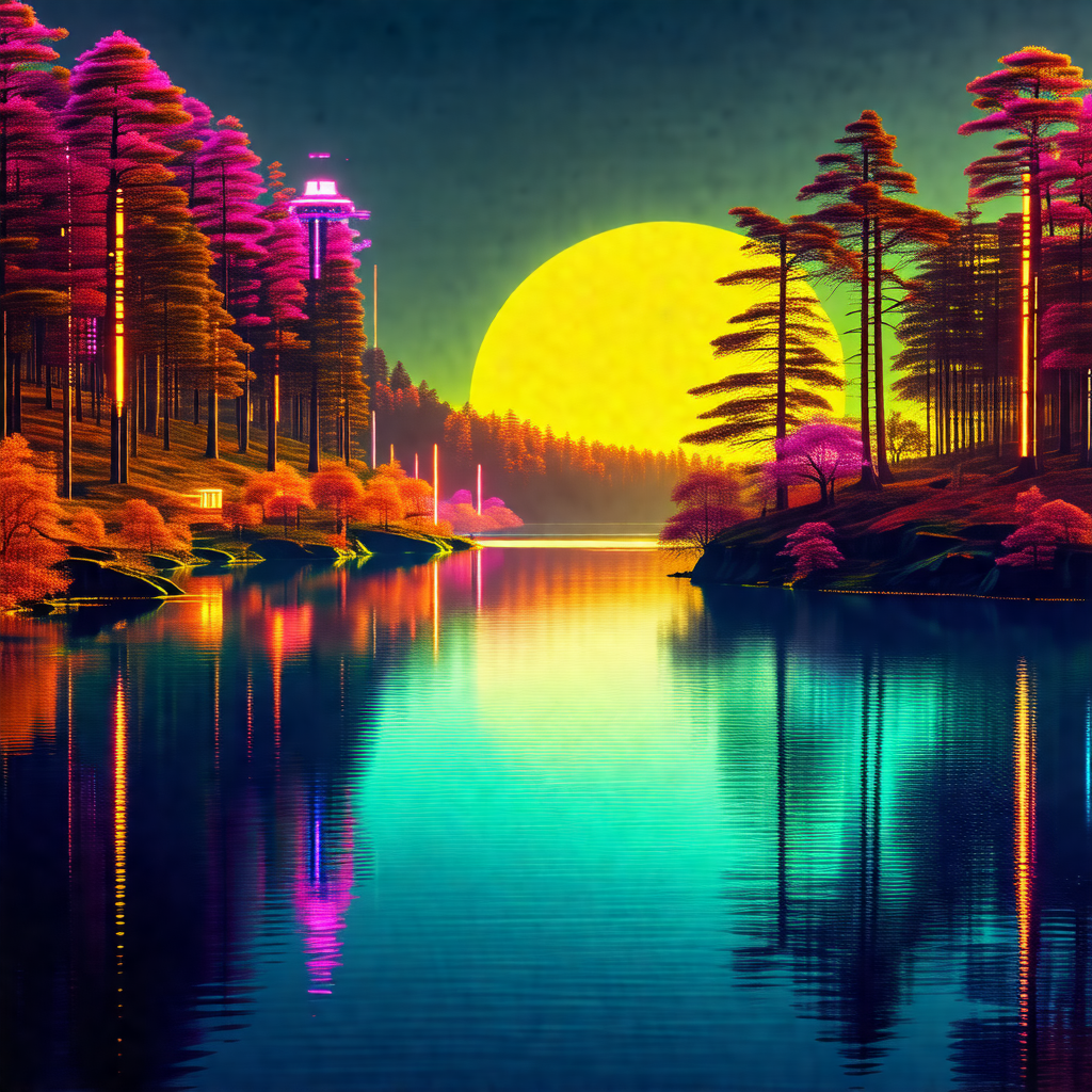Serene scene of a lake at sunset, with a beautiful sunset...
