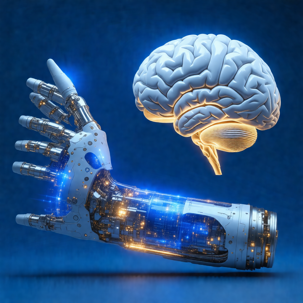 Close-up of a robotic hand with a blue glow, positioned n...