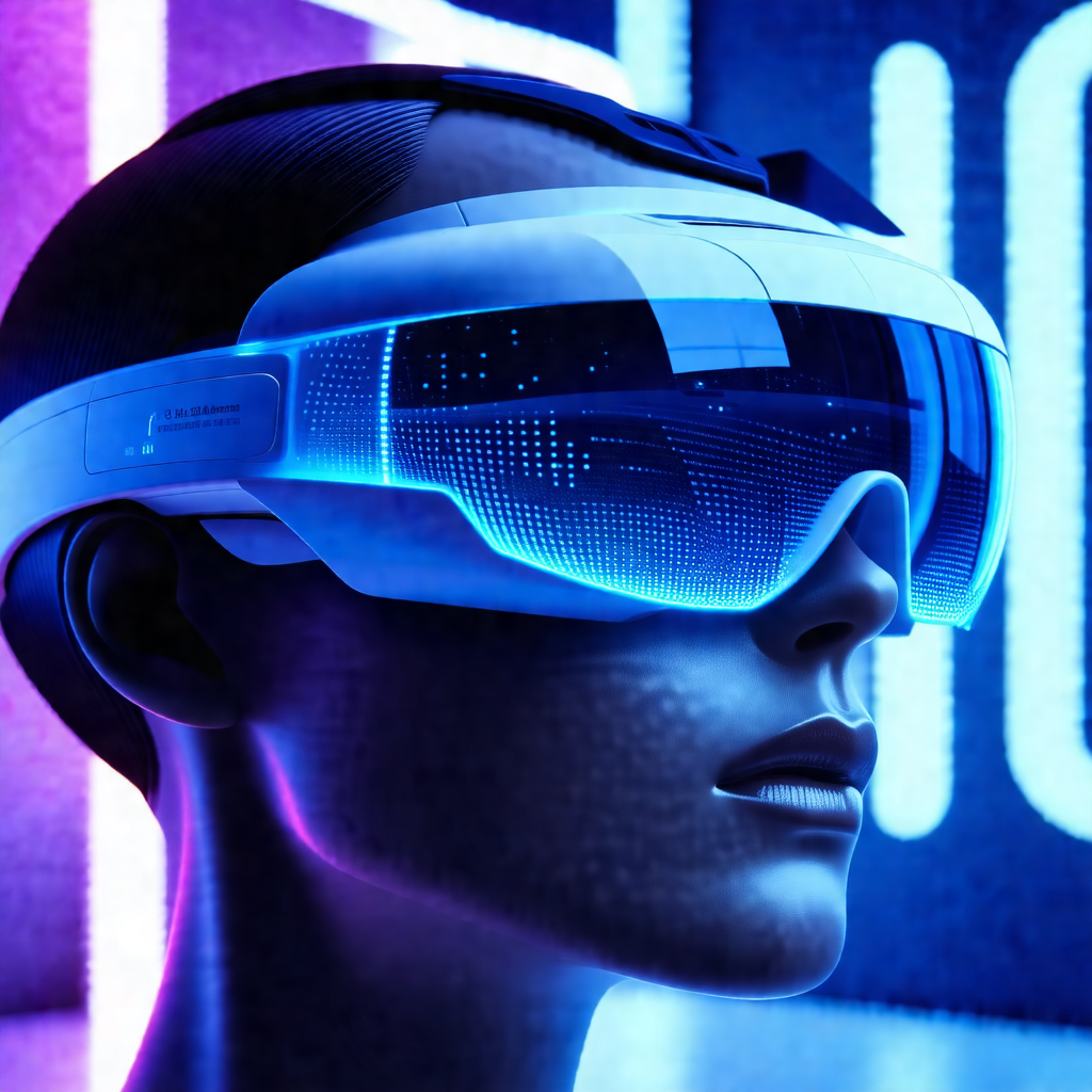 Woman wearing a pair of blue virtual reality goggles