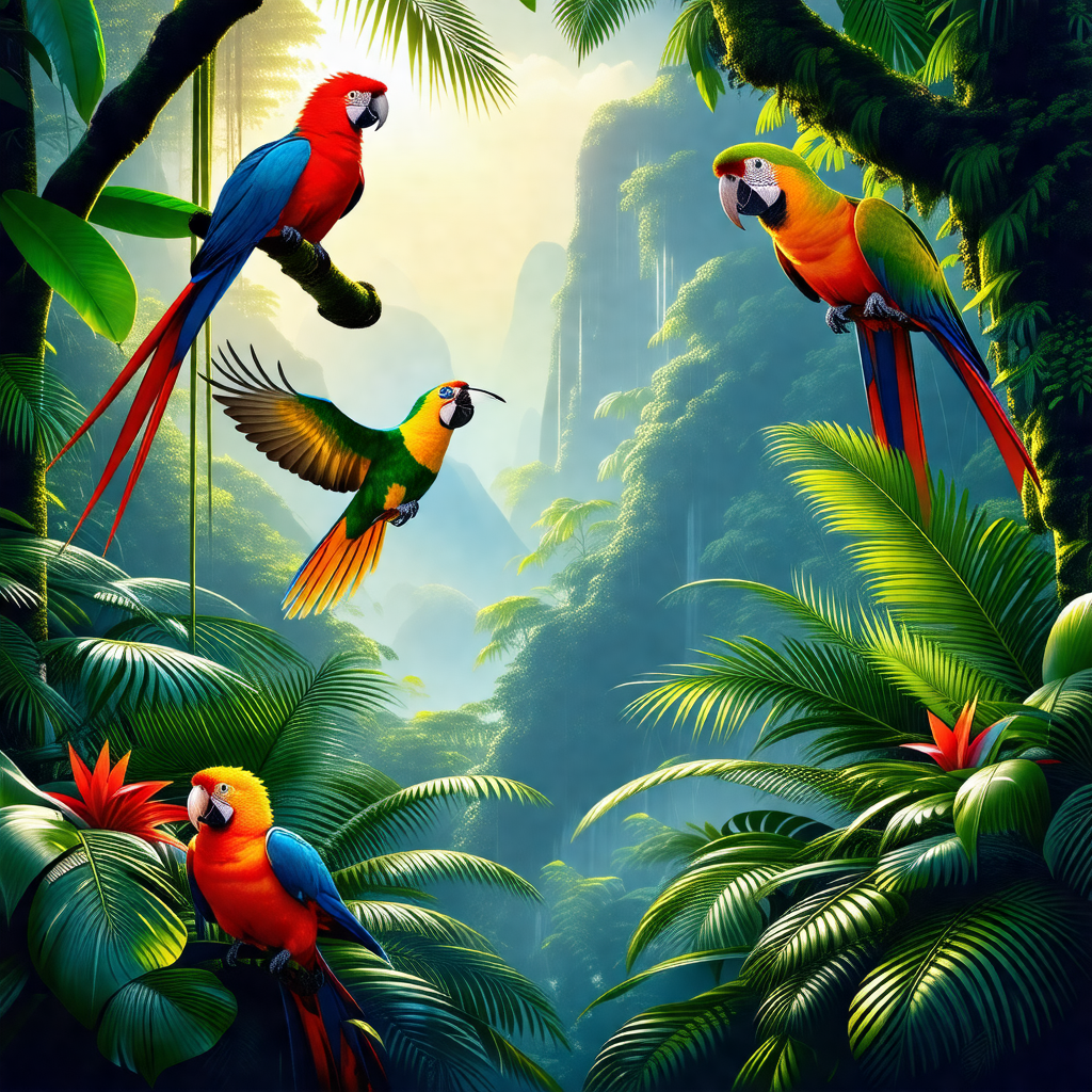 Lush green forest with a group of colorful birds perched ...