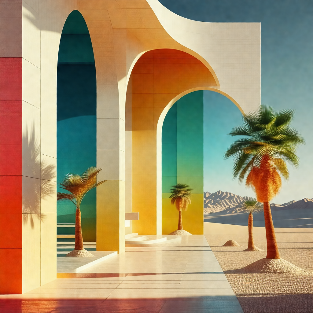 Desert landscape with a row of palm trees lining a walkway