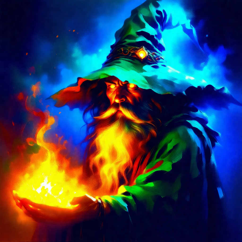 Wizard with a long beard and a green hat, holding a fireb...
