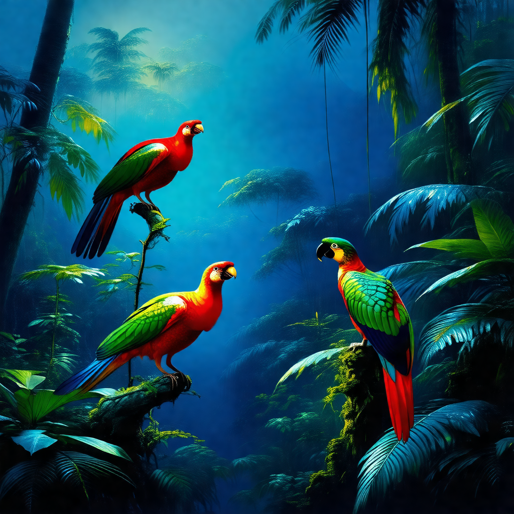 Lush green forest with three colorful parrots perched on ...
