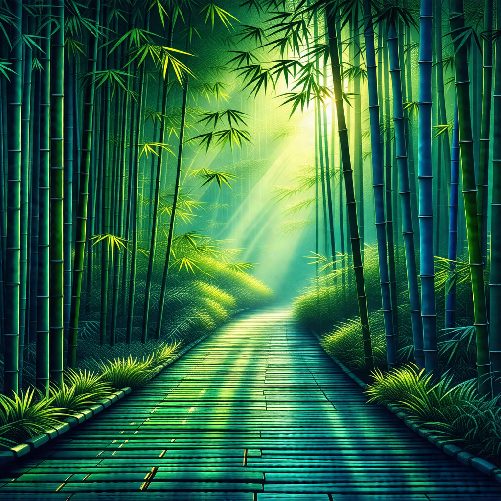 Serene scene of a pathway surrounded by lush green bamboo...
