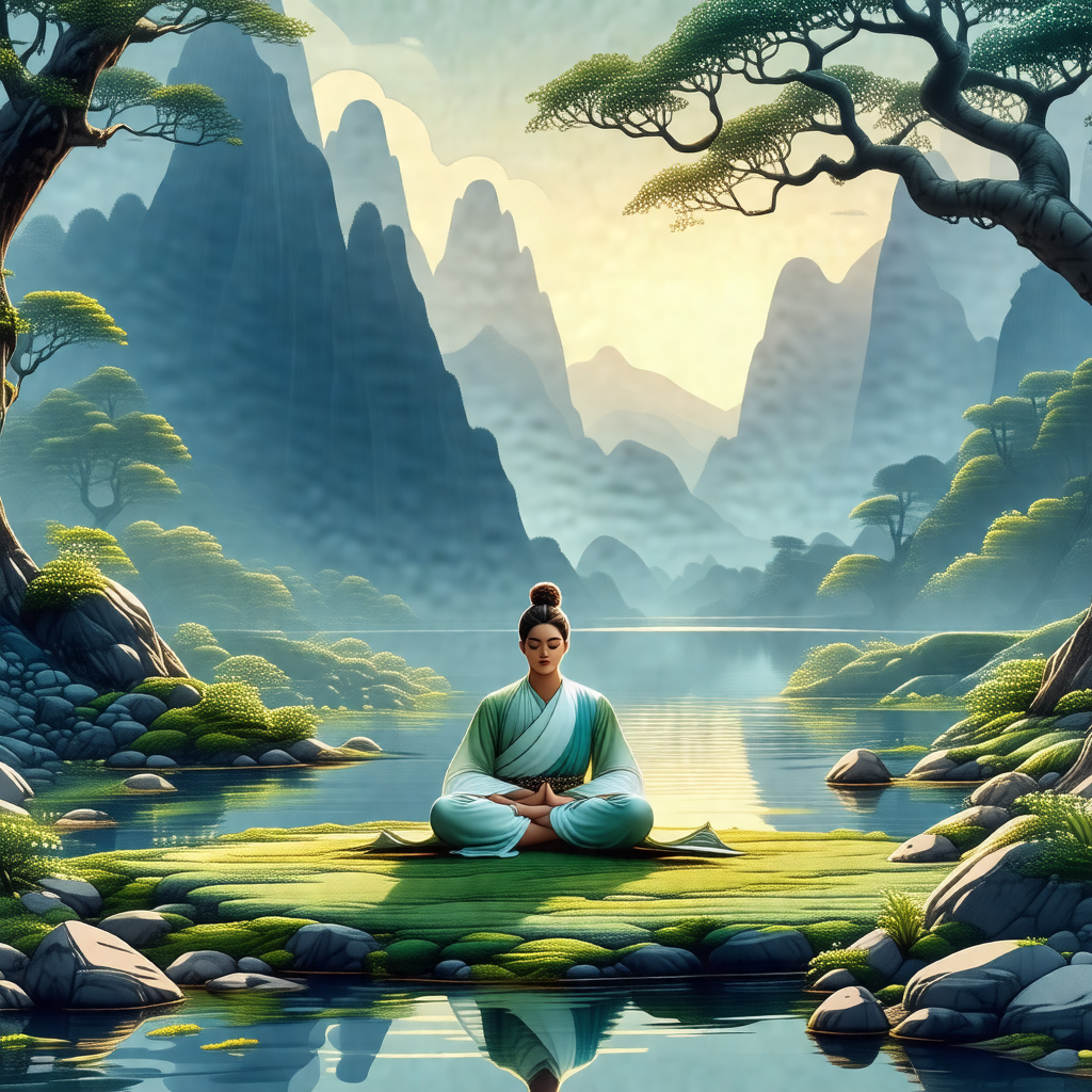 Woman sitting on the grass in a serene environment
