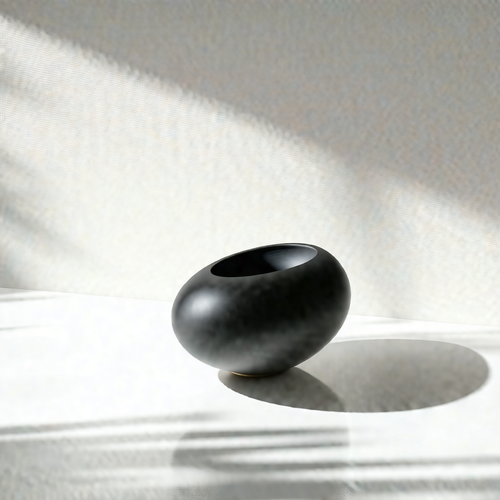 Black vase sitting on a white surface, possibly a table o...
