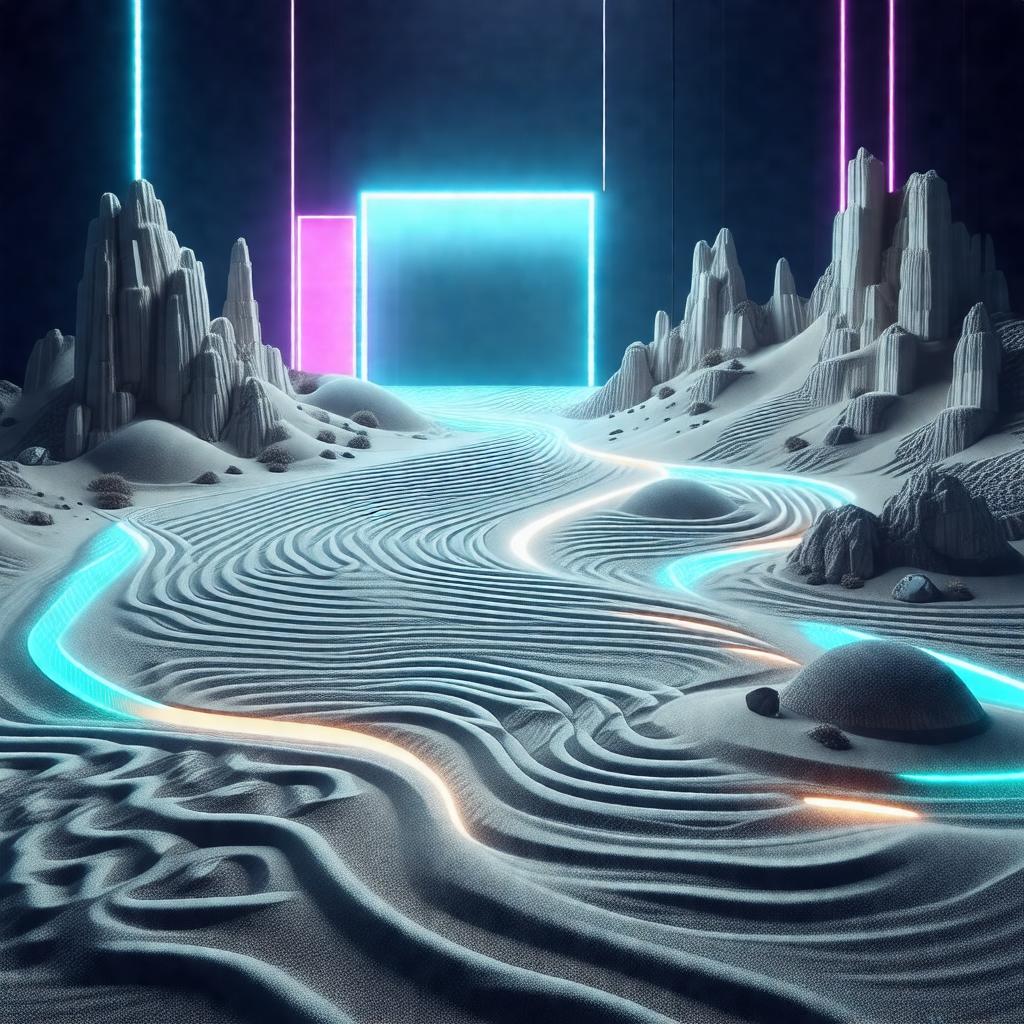 Futuristic landscape featuring a large, open area with a ...